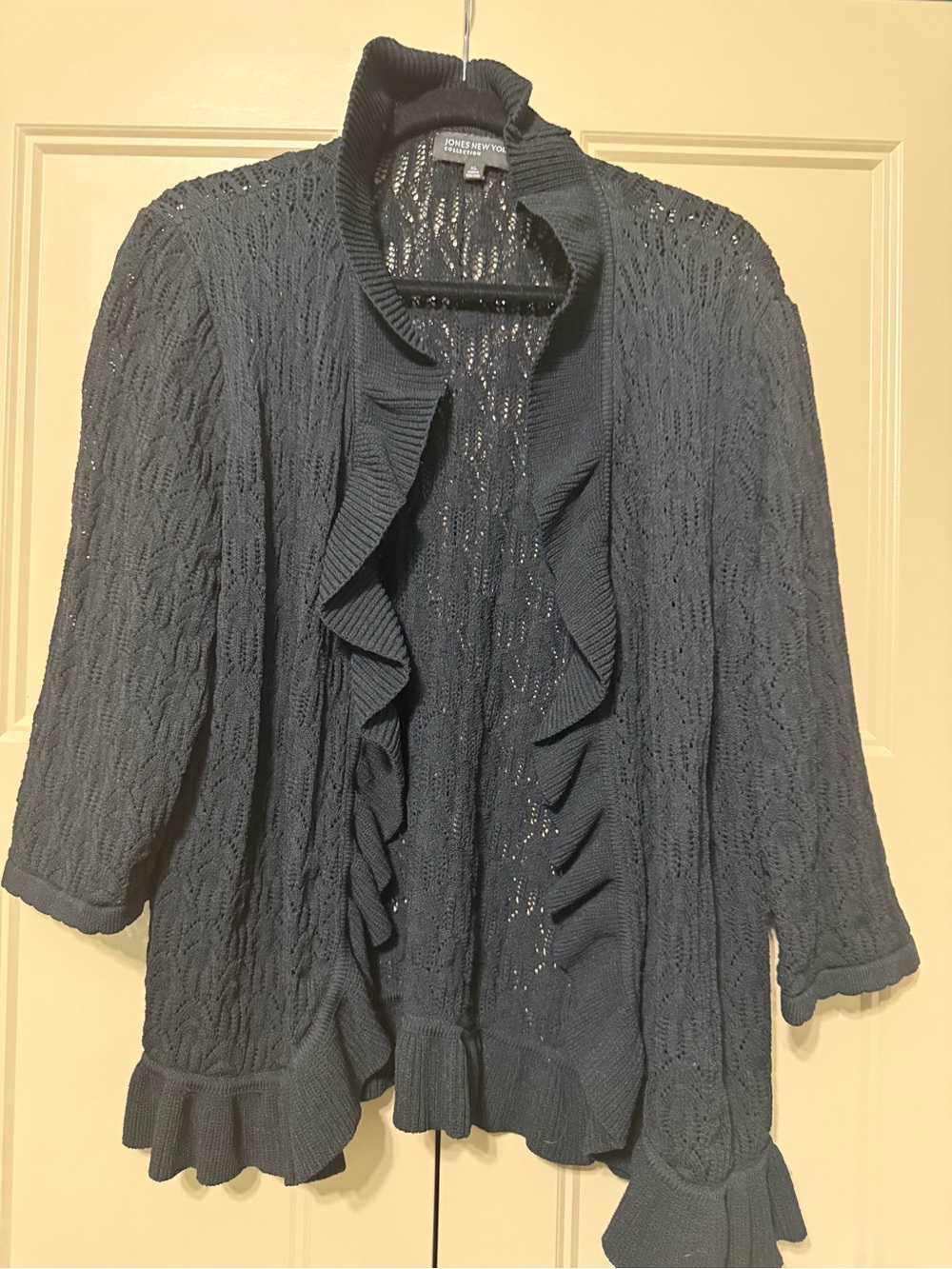 Jones New York Navy Ruffle-Trim Open-Front Cardigan